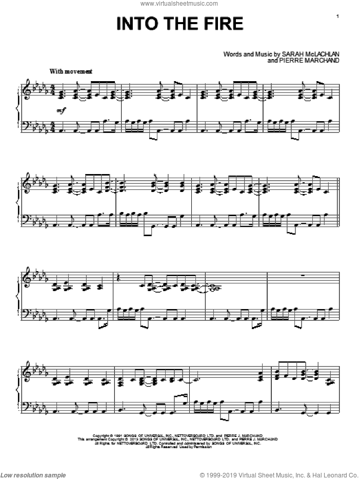 Into The Fire sheet music for piano solo by Sarah McLachlan, intermediate skill level