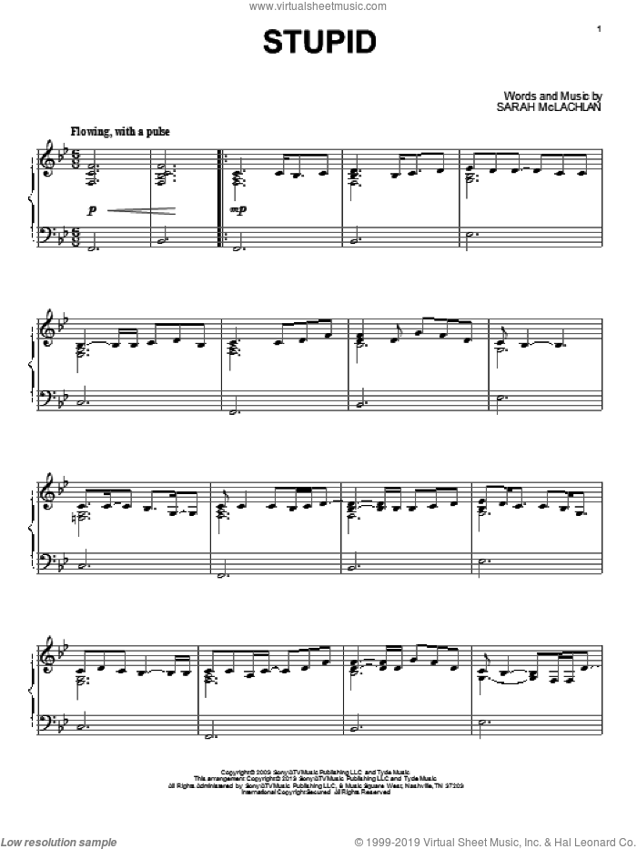Stupid sheet music for piano solo by Sarah McLachlan, intermediate skill level