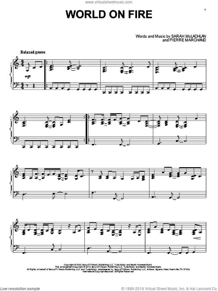 World On Fire sheet music for piano solo by Sarah McLachlan and Pierre Marchand, intermediate skill level