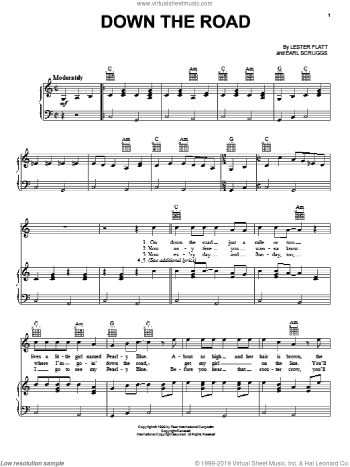 Down The Road sheet music for voice, piano or guitar by Lester Flatt and Earl Scruggs, intermediate skill level