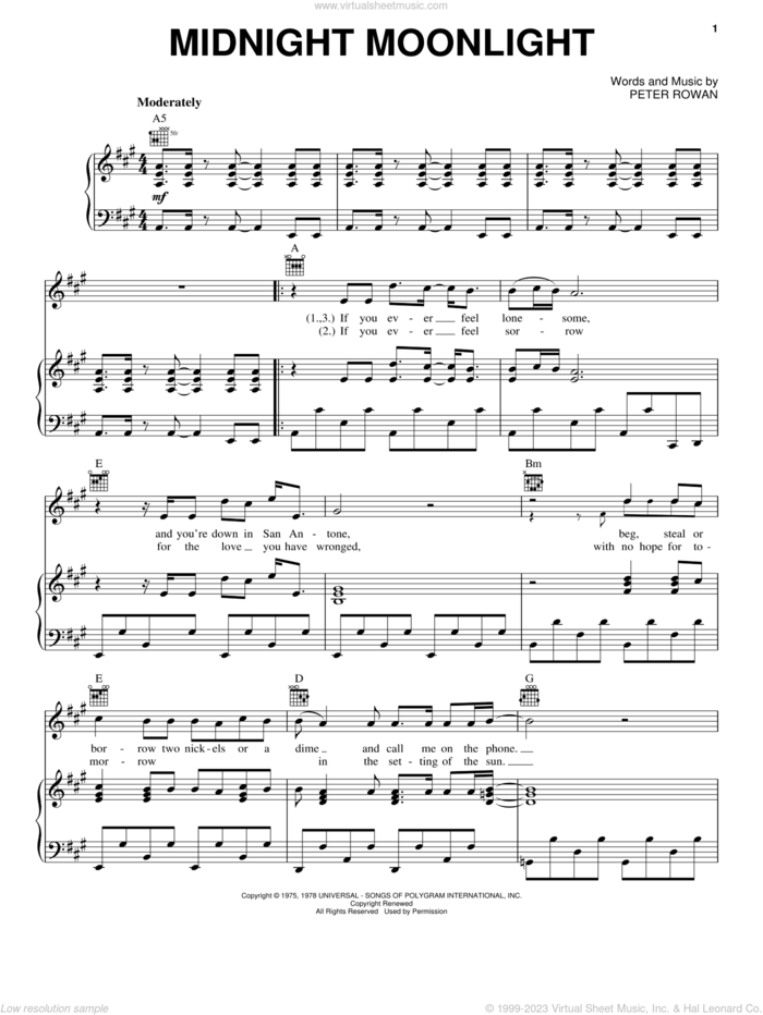 Midnight Moonlight sheet music for voice, piano or guitar by Peter Rowan, intermediate skill level