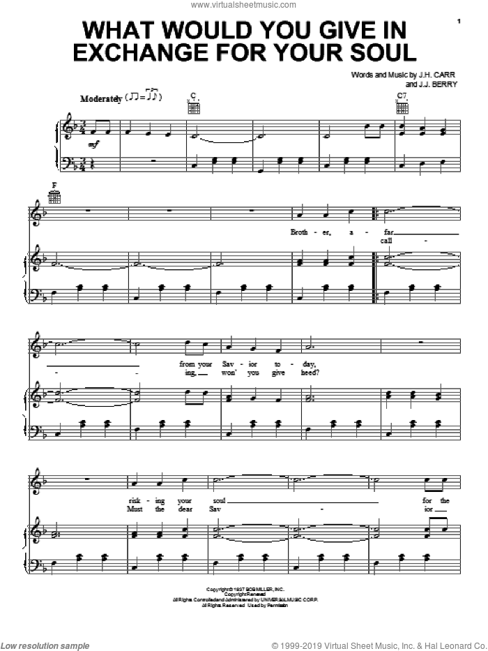 What Would You Give In Exchange For Your Soul sheet music for voice, piano or guitar by Johnny Cash, J.H. Carr and J.J. Berry, intermediate skill level