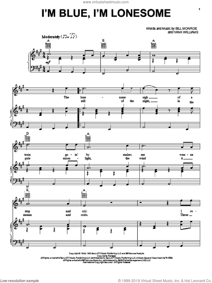 I'm Blue, I'm Lonesome sheet music for voice, piano or guitar by Bill Monroe and Hank Williams, intermediate skill level