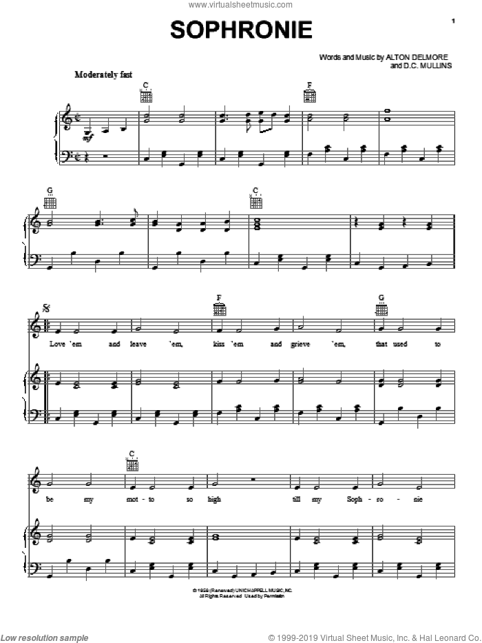 Sophronie sheet music for voice, piano or guitar by D.C. Mullins and Alton Delmore, intermediate skill level