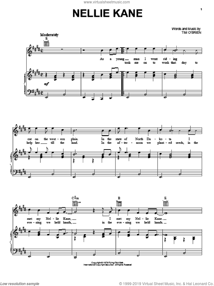 Nellie Kane sheet music for voice, piano or guitar by Tim O'Brien, intermediate skill level