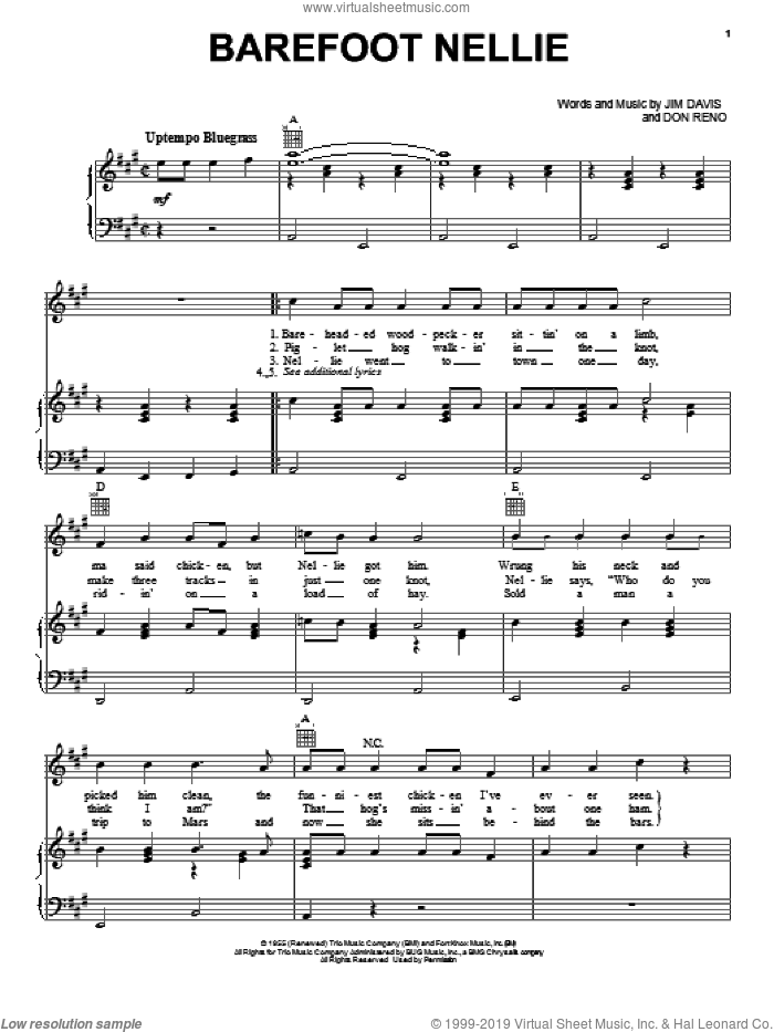 Barefoot Nellie sheet music for voice, piano or guitar by Don Reno and Jim Davis, intermediate skill level