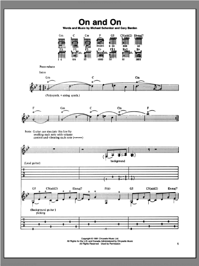 On And On sheet music for guitar (tablature) by Michael Schenker and Gary Barden, intermediate skill level
