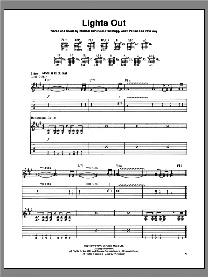 Lights Out sheet music for guitar (tablature) by Michael Schenker, intermediate skill level