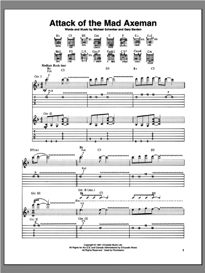 Attack Of The Mad Axeman sheet music for guitar (tablature) by Michael Schenker and Gary Barden, intermediate skill level