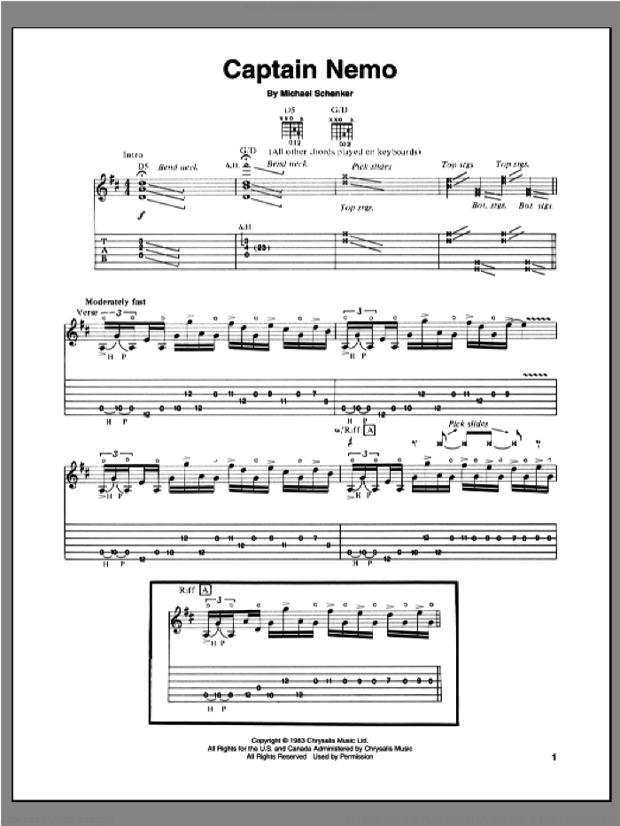 Captain Nemo sheet music for guitar (tablature) by Michael Schenker, intermediate skill level