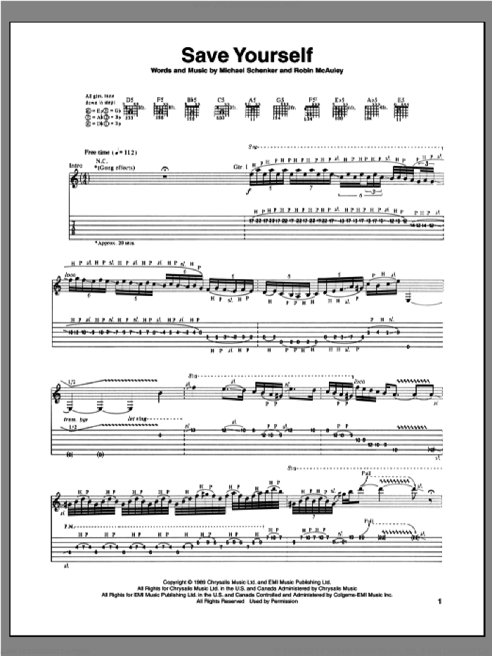 Save Yourself sheet music for guitar (tablature) by Michael Schenker and Robin McAuley, intermediate skill level