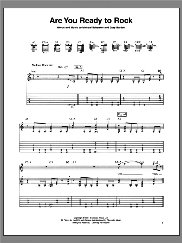Are You Ready To Rock sheet music for guitar (tablature) by Michael Schenker and Gary Barden, intermediate skill level