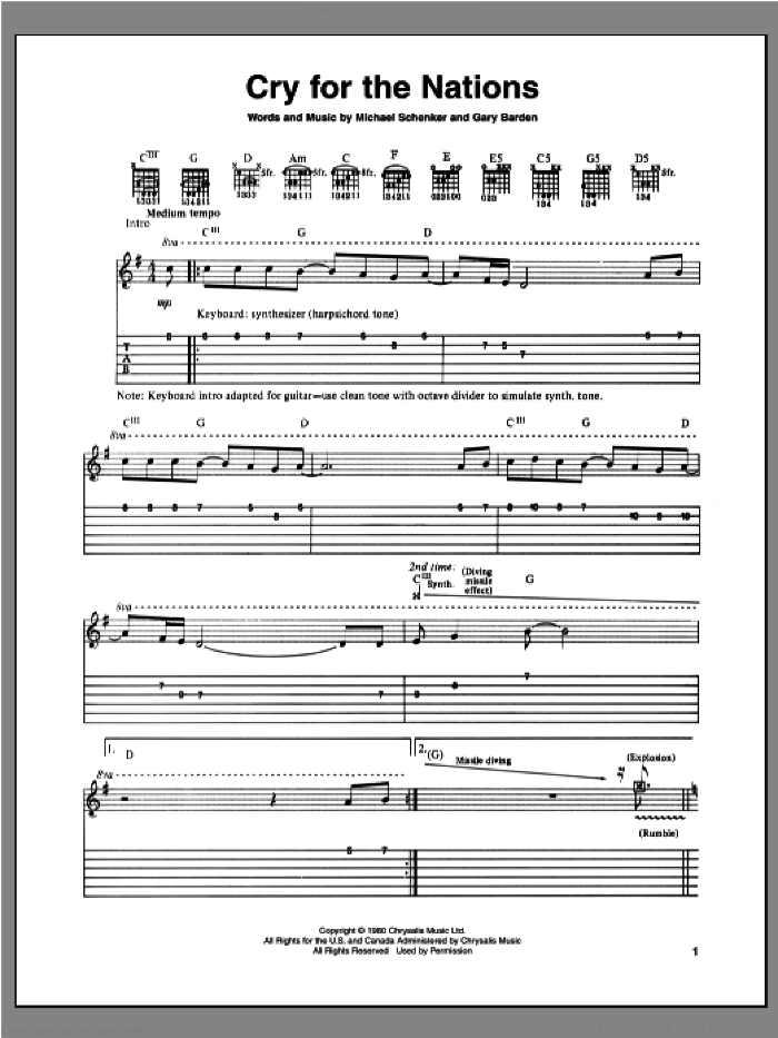 Cry For The Nations sheet music for guitar (tablature) by Michael Schenker and Gary Barden, intermediate skill level