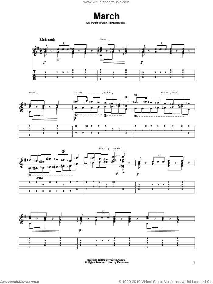 March sheet music for guitar solo by Pyotr Ilyich Tchaikovsky, classical score, intermediate skill level