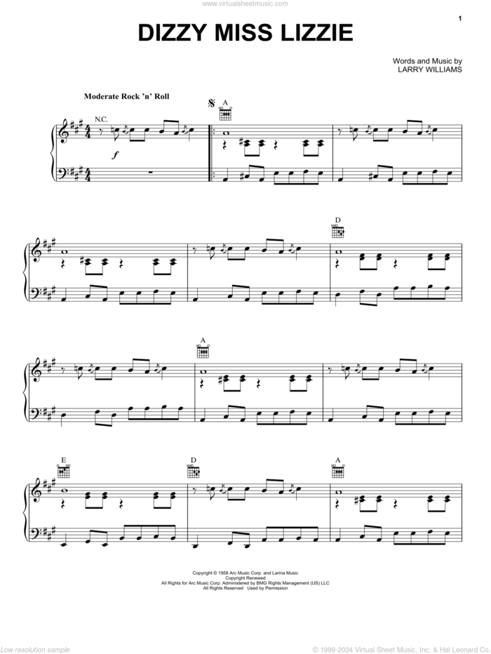 Dizzy Miss Lizzie sheet music for voice, piano or guitar by The Beatles and Larry Williams, intermediate skill level