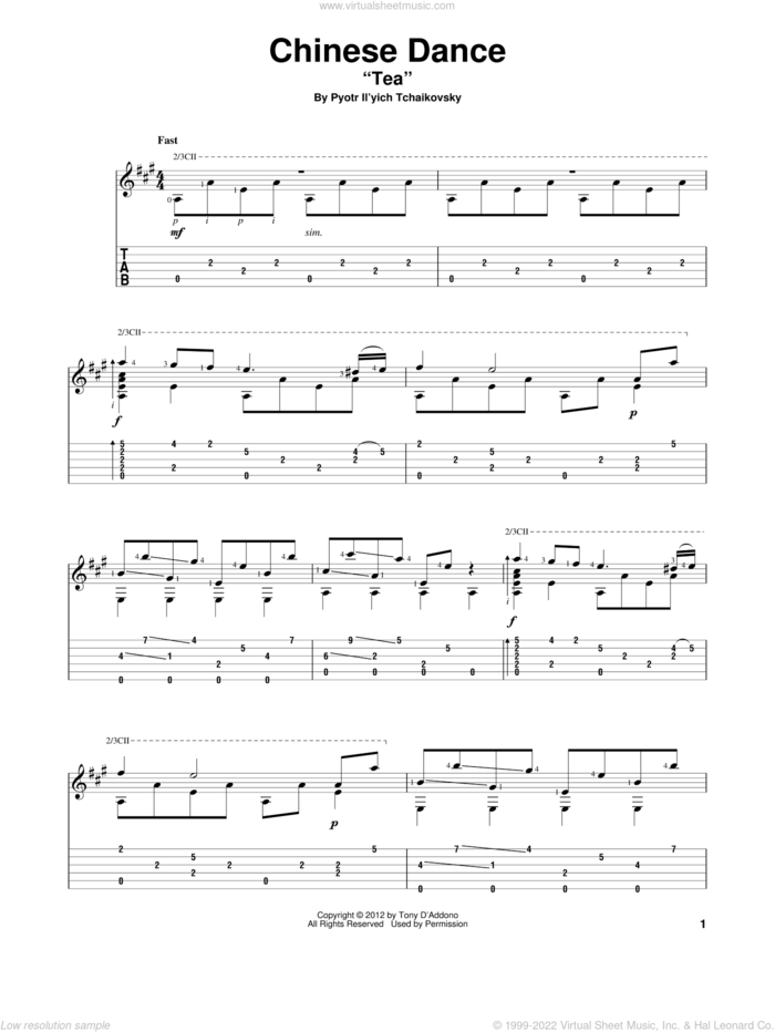 Chinese Dance ('Tea') sheet music for guitar solo by Pyotr Ilyich Tchaikovsky, classical score, intermediate skill level