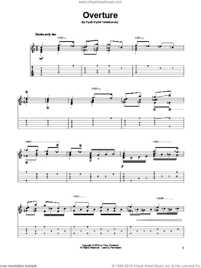 Overture sheet music for guitar solo by Pyotr Ilyich Tchaikovsky, classical score, intermediate skill level