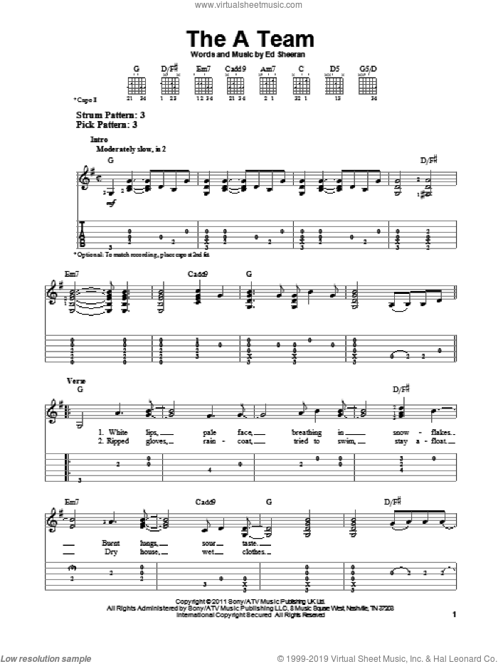 The A Team sheet music for guitar solo (easy tablature) by Ed Sheeran, easy guitar (easy tablature)