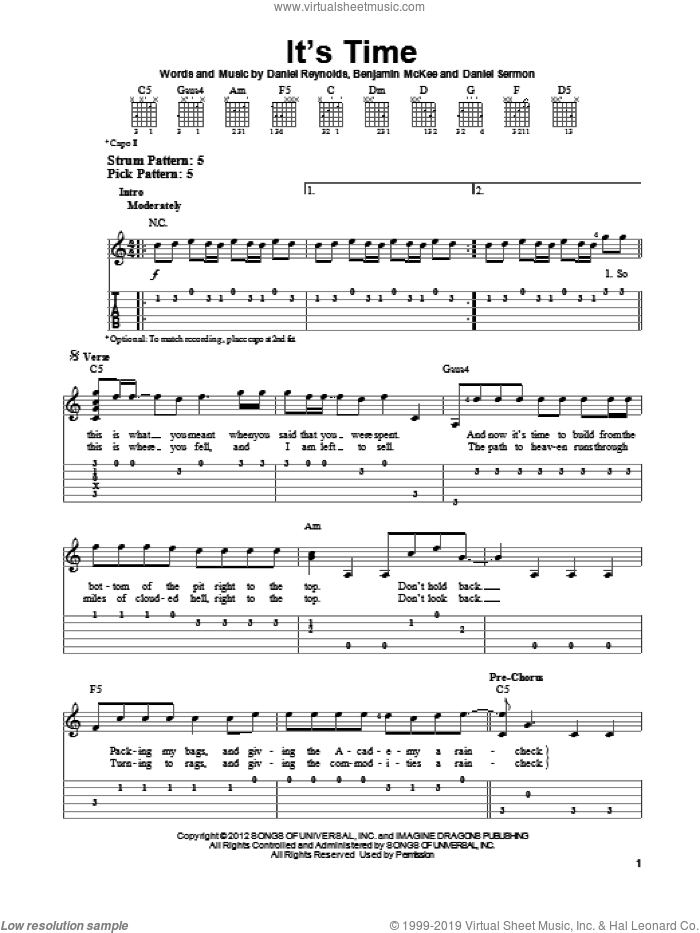 It's Time sheet music for guitar solo (easy tablature) by Imagine Dragons, easy guitar (easy tablature)