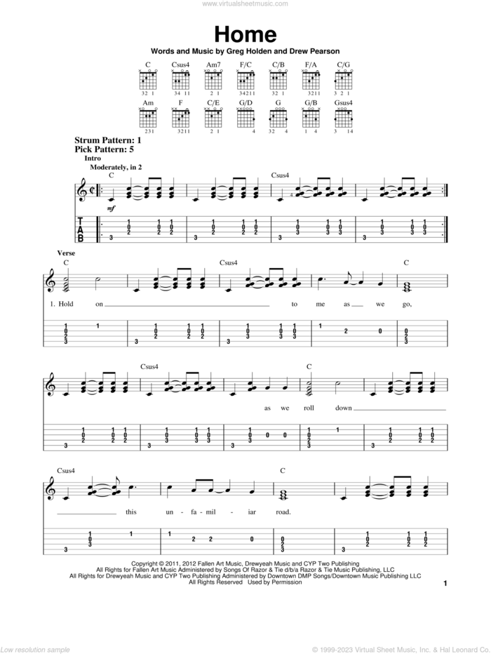 Home sheet music for guitar solo (easy tablature) by Phillip Phillips, Drew Pearson and Greg Holden, easy guitar (easy tablature)
