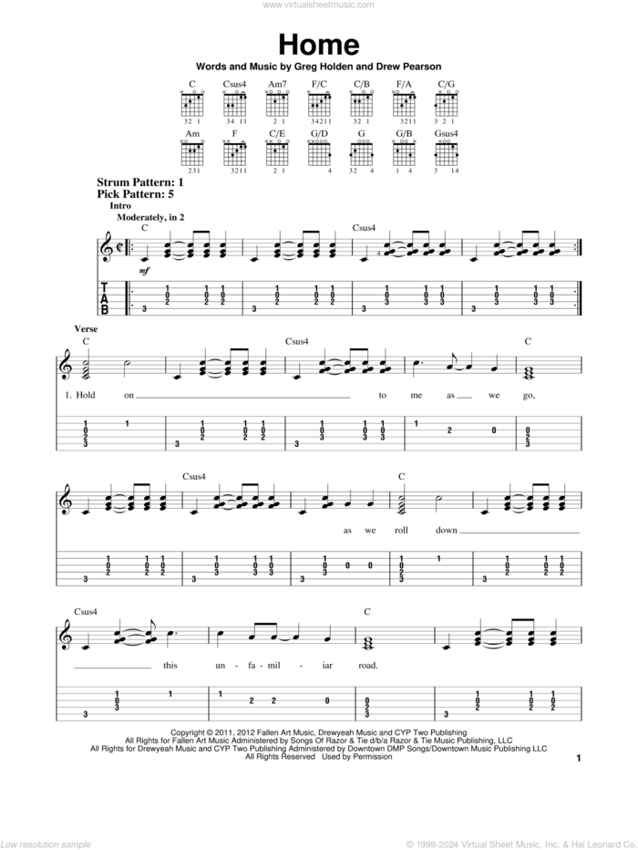 Home sheet music for guitar solo (easy tablature) by Phillip Phillips, Drew Pearson and Greg Holden, easy guitar (easy tablature)