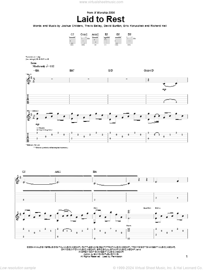 Laid To Rest sheet music for guitar (tablature) by The Showdown, David Bunton, Eric Koruschak, Joshua Childers, Richard Hall and Travis Bailey, intermediate skill level