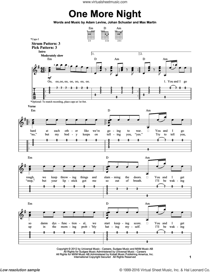 One More Night sheet music for guitar solo (easy tablature) by Maroon 5, easy guitar (easy tablature)