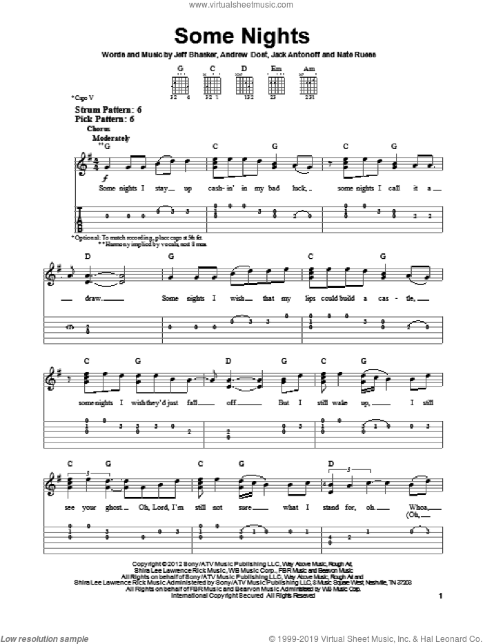 Some Nights sheet music for guitar solo (easy tablature) by Fun, easy guitar (easy tablature)