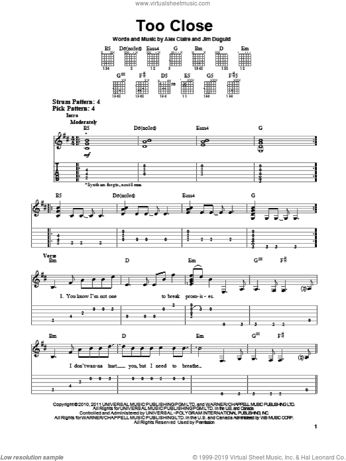 Too Close sheet music for guitar solo (easy tablature) by Alex Clare, Alex Claire and Jim Duguid, easy guitar (easy tablature)