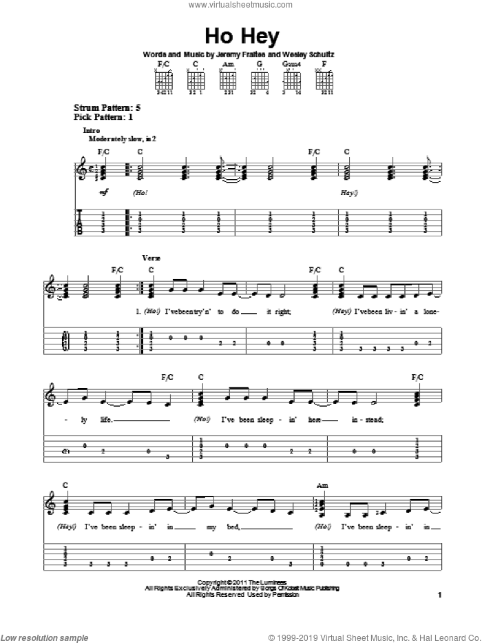 Ho Hey sheet music for guitar solo (easy tablature) by The Lumineers, easy guitar (easy tablature)