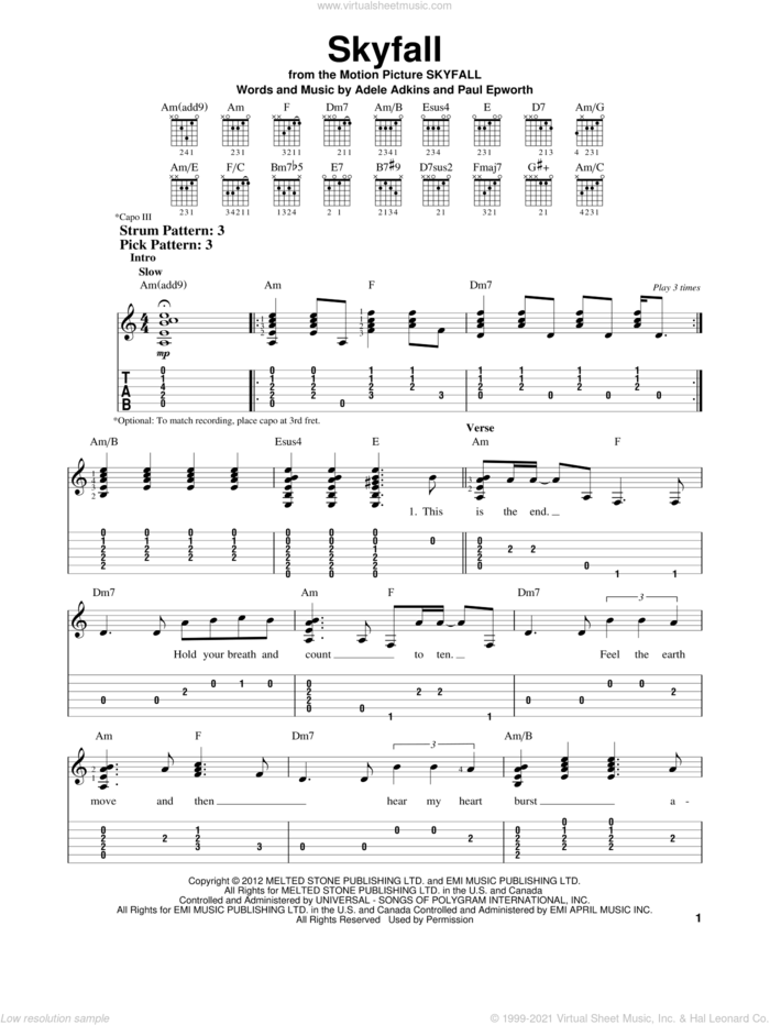 Skyfall sheet music for guitar solo (easy tablature) by Adele and Adele Adkins, easy guitar (easy tablature)
