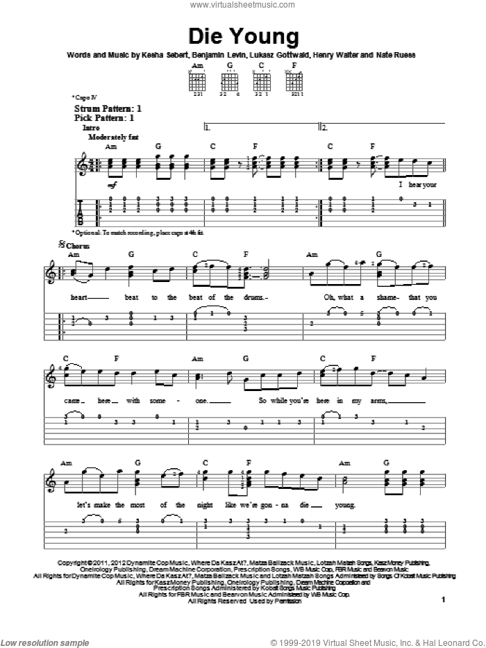 Die Young sheet music for guitar solo (easy tablature) by Kesha, easy guitar (easy tablature)