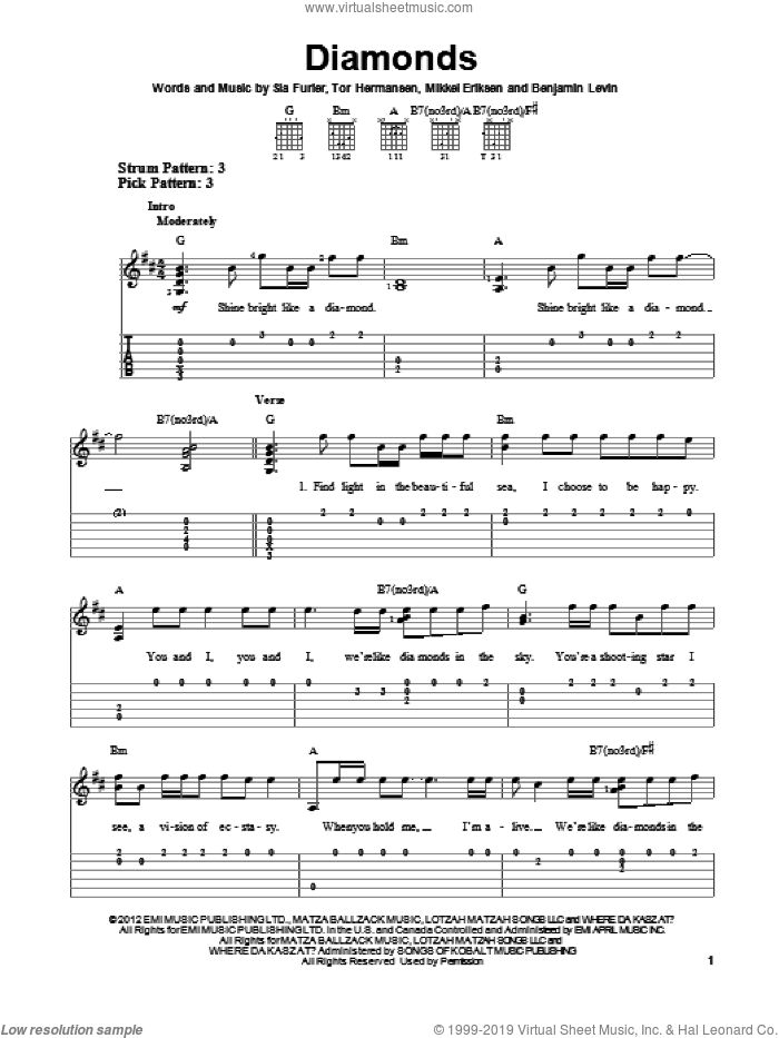 Diamonds sheet music for guitar solo (easy tablature) by Rihanna, easy guitar (easy tablature)