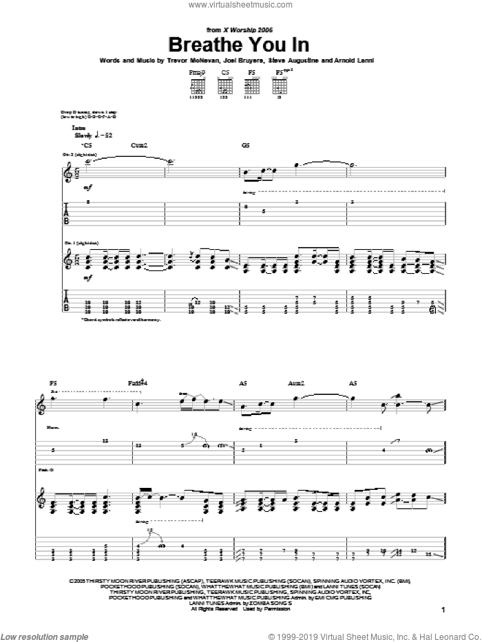 Breathe You In sheet music for guitar (tablature) by Thousand Foot Krutch, Arnold Lanni, Joel Bruyere, Steve Augustine and Trevor McNevan, intermediate skill level
