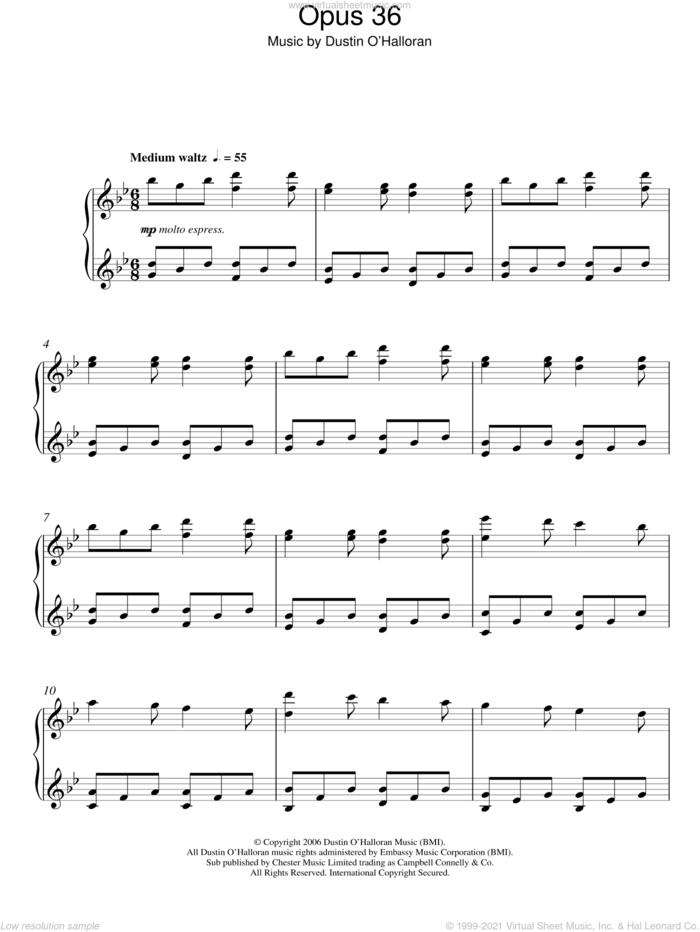 Opus 36 sheet music for piano solo by Dustin O'Halloran, classical score, intermediate skill level