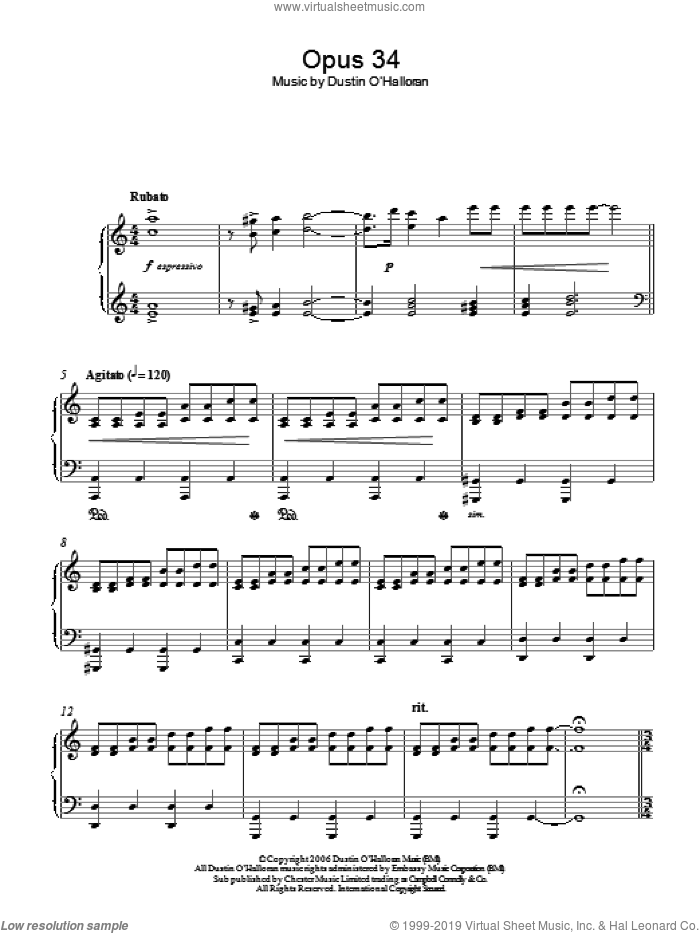 Opus 34 sheet music for piano solo by Dustin O'Halloran, classical score, intermediate skill level