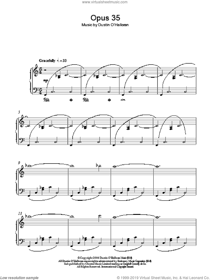 Opus 35 sheet music for piano solo by Dustin O'Halloran, classical score, intermediate skill level