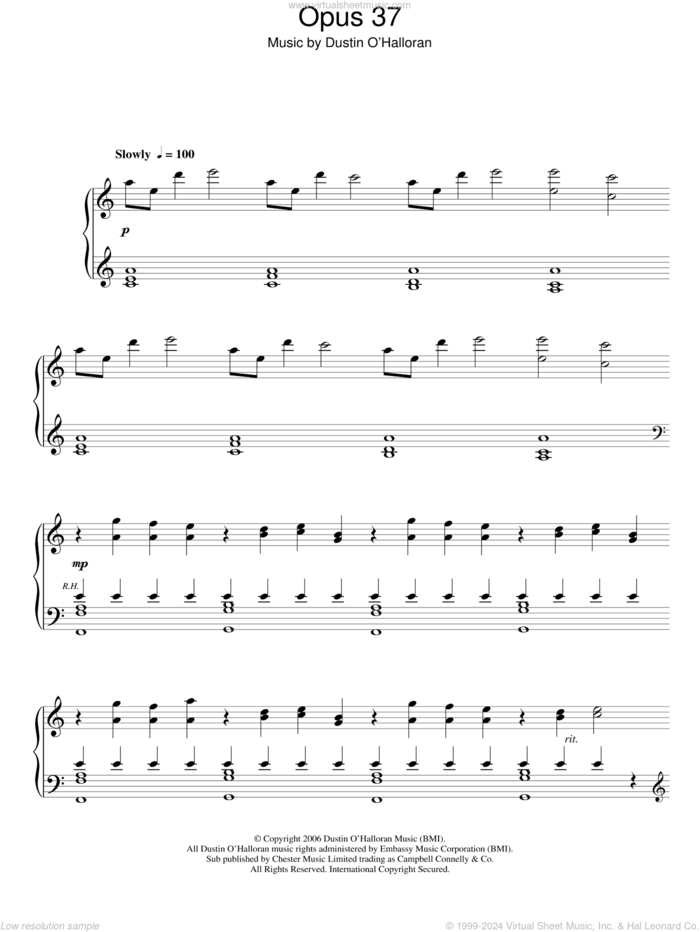 Opus 37 sheet music for piano solo by Dustin O'Halloran, classical score, intermediate skill level