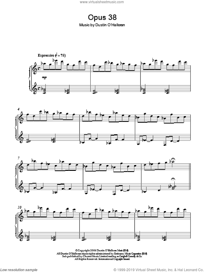 Opus 38 sheet music for piano solo by Dustin O'Halloran, classical score, intermediate skill level