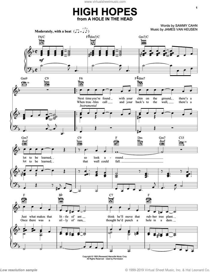 High Hopes sheet music for voice, piano or guitar by Frank Sinatra, Jimmy van Heusen and Sammy Cahn, intermediate skill level