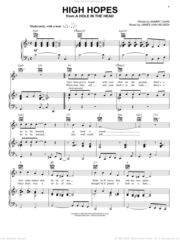 High Hopes sheet music for voice, piano or guitar by Frank Sinatra, Jimmy van Heusen and Sammy Cahn, intermediate skill level