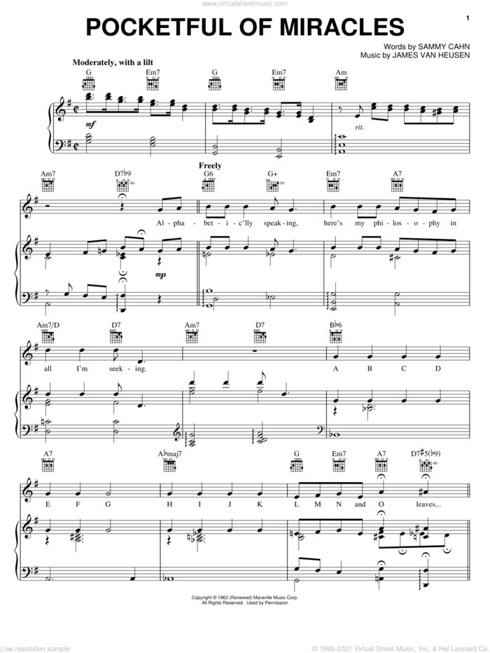 Pocketful Of Miracles sheet music for voice, piano or guitar by Frank Sinatra, Jimmy van Heusen and Sammy Cahn, intermediate skill level
