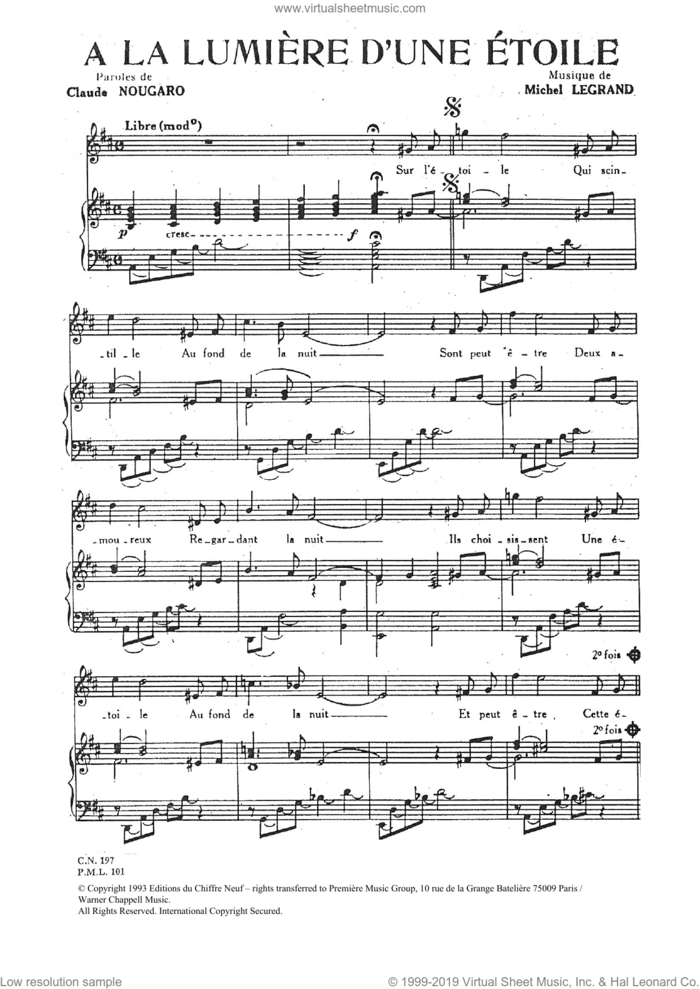A La Lumiere D'une Etoile sheet music for voice and piano by Claude Nougaro and Michel LeGrand, intermediate skill level