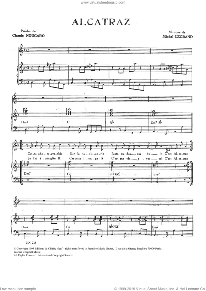 Alcatraz sheet music for voice and piano by Claude Nougaro and Michel LeGrand, intermediate skill level