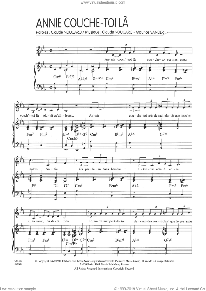 Annie Couche-Toi La sheet music for voice and piano by Claude Nougaro and Maurice Vanderschueren, intermediate skill level