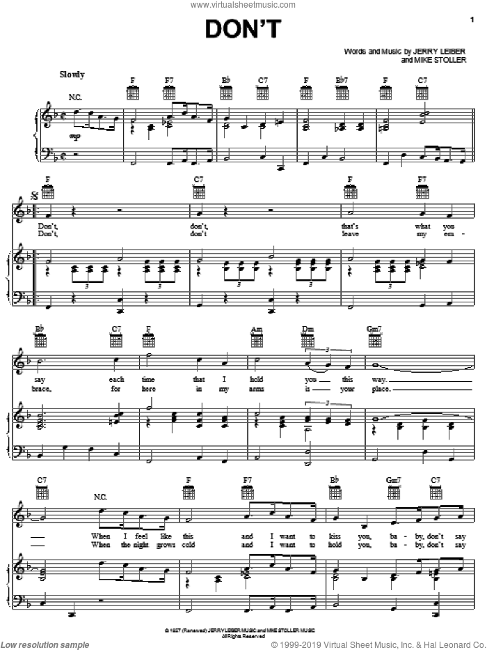 Don't sheet music for voice, piano or guitar by Elvis Presley, Leiber & Stoller, Jerry Leiber and Mike Stoller, intermediate skill level