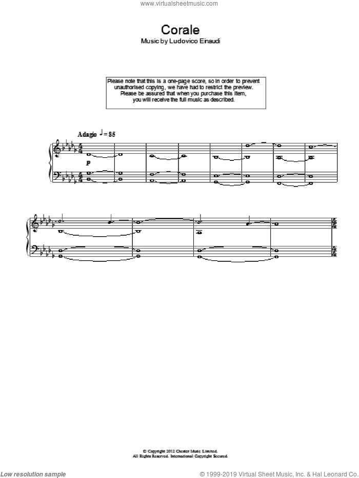 Corale sheet music for piano solo by Ludovico Einaudi, classical score, intermediate skill level