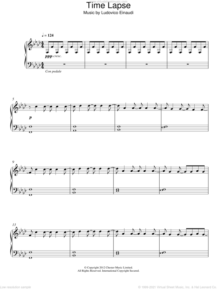 Time Lapse sheet music for piano solo by Ludovico Einaudi, classical score, intermediate skill level