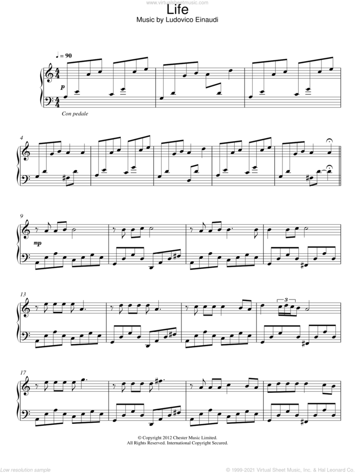 Life sheet music for piano solo by Ludovico Einaudi, classical score, intermediate skill level