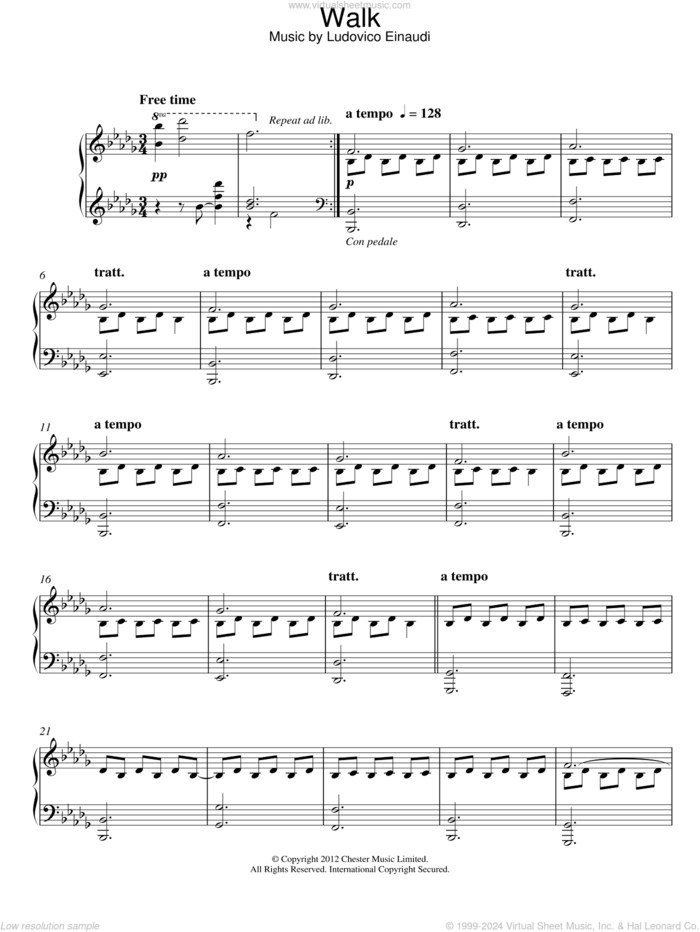 Walk sheet music for piano solo by Ludovico Einaudi, classical score, intermediate skill level